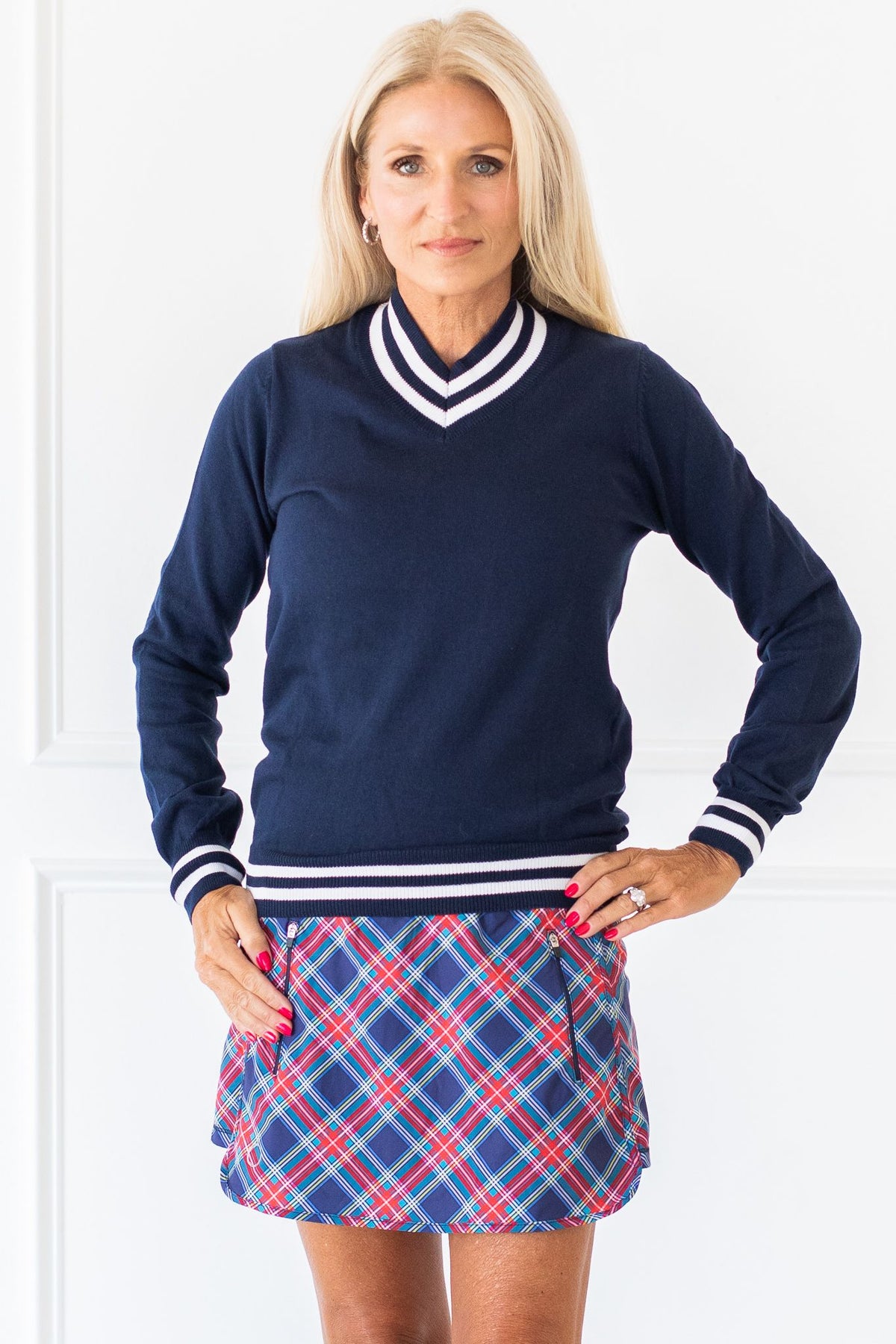 NAVY WHITE, women's athleasure cotton sweater